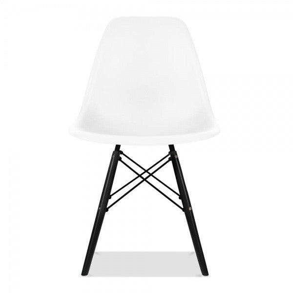 White Eames Style Molded Plastic Dowel-Leg Dining Side Wood Base Chair (DSW) Black Legs