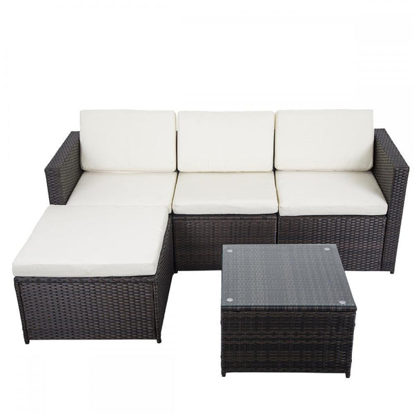 5 Piece Outdoor Patio Sofa Set - Brown w/ White Cushion