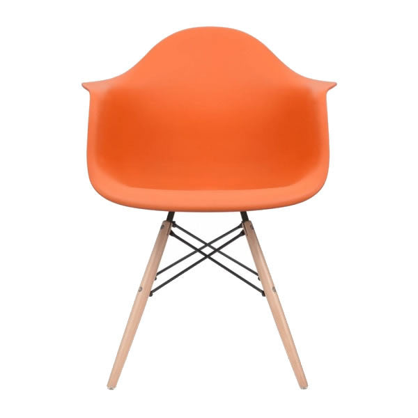 Orange Eames Style Molded Plastic Dowel-Leg Dining Arm Wood Base Chair (DAW) Natural Legs
