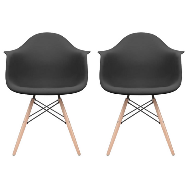 Set of 2 - Black Eames Style Molded Plastic Dowel-Leg Dining Arm Wood Base Chair (DAW) Natural Legs