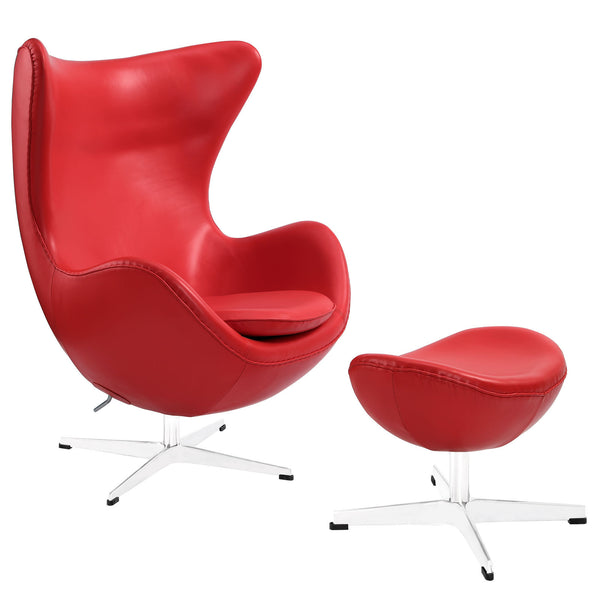 Glove Leather Lounge Chair and Ottoman - Red