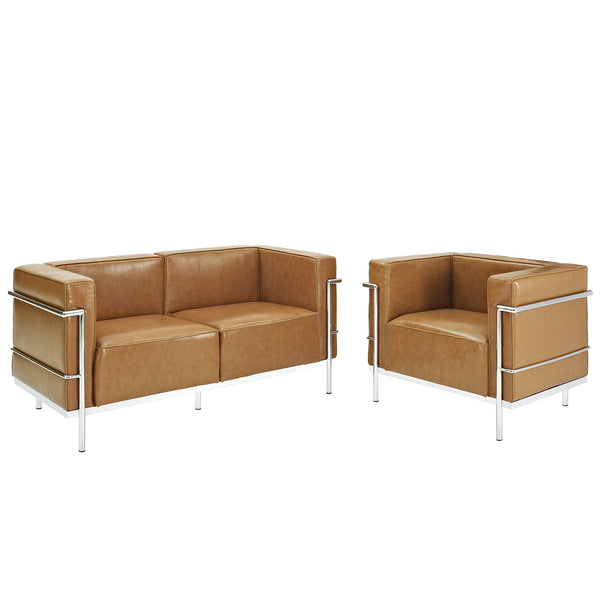 Charles Grande Loveseat and Armchair Leather Set Of 2 - Tan