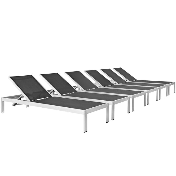 Shore Set of 6 Outdoor Patio Aluminum Chaise - Silver Black