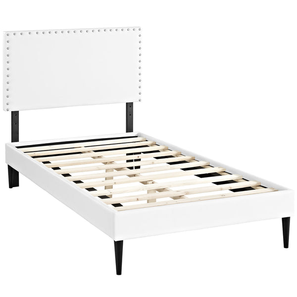 Phoebe  Twin Vinyl Platform Bed with Round Tapered Legs - White
