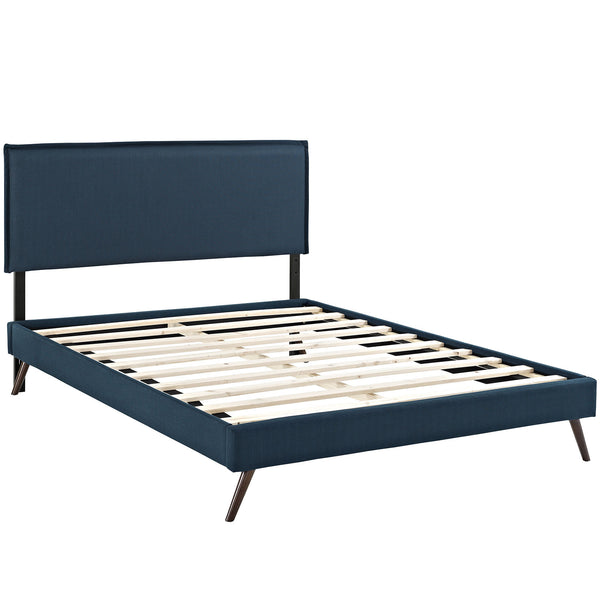 Camille Queen Fabric Platform Bed with Round Splayed Legs - Azure
