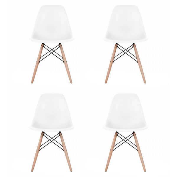 Set of 4 - White Eames Style Molded Plastic Dowel-Leg Dining Side Wood Base Chair (DSW) Natural Legs
