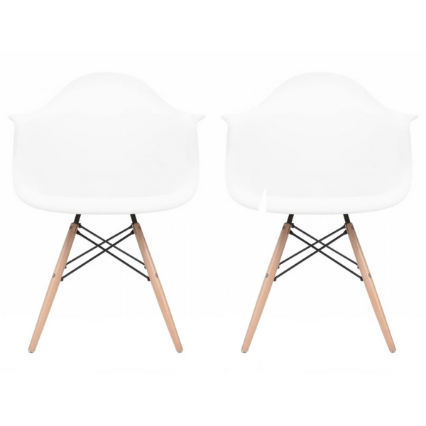Set of 2 - White Eames Style Molded Plastic Dowel-Leg Dining Arm Wood Base Chair (DAW) Natural Legs